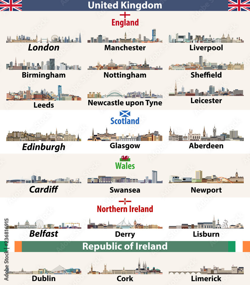 Largest cities skylines icons of British Isles countries: United Kingdom (England, Wales, Scotland, Northern Ireland) and Republic of Ireland. Vector set