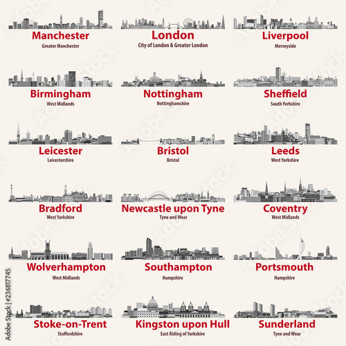 England largest cities skylines in black and white color palette. Vector collection photo