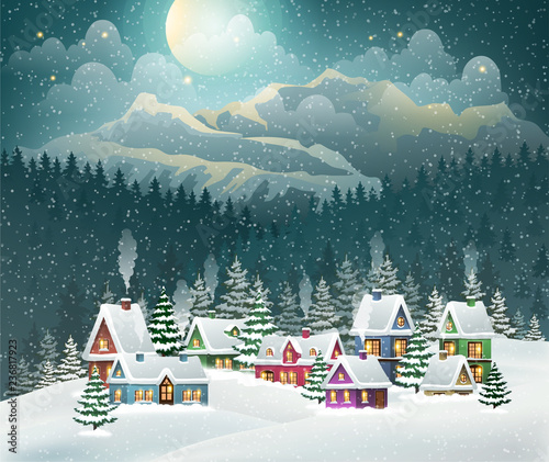 Christmas winter village and mountains.