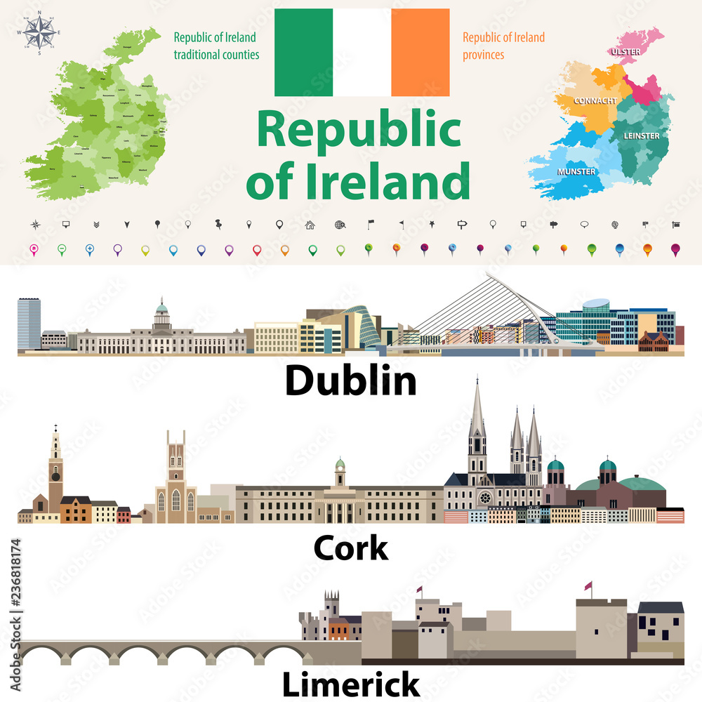 Republic of Ireland traditional countries and provinces map and Irish largest cities skylines. All elements separated in editable and detachable layers. Vector illustration