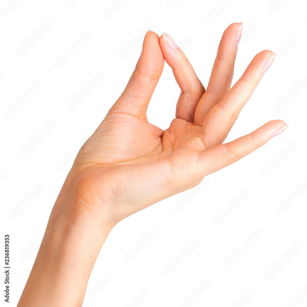 Woman hand holding something with two fingers Woman hand holding something with two fingers