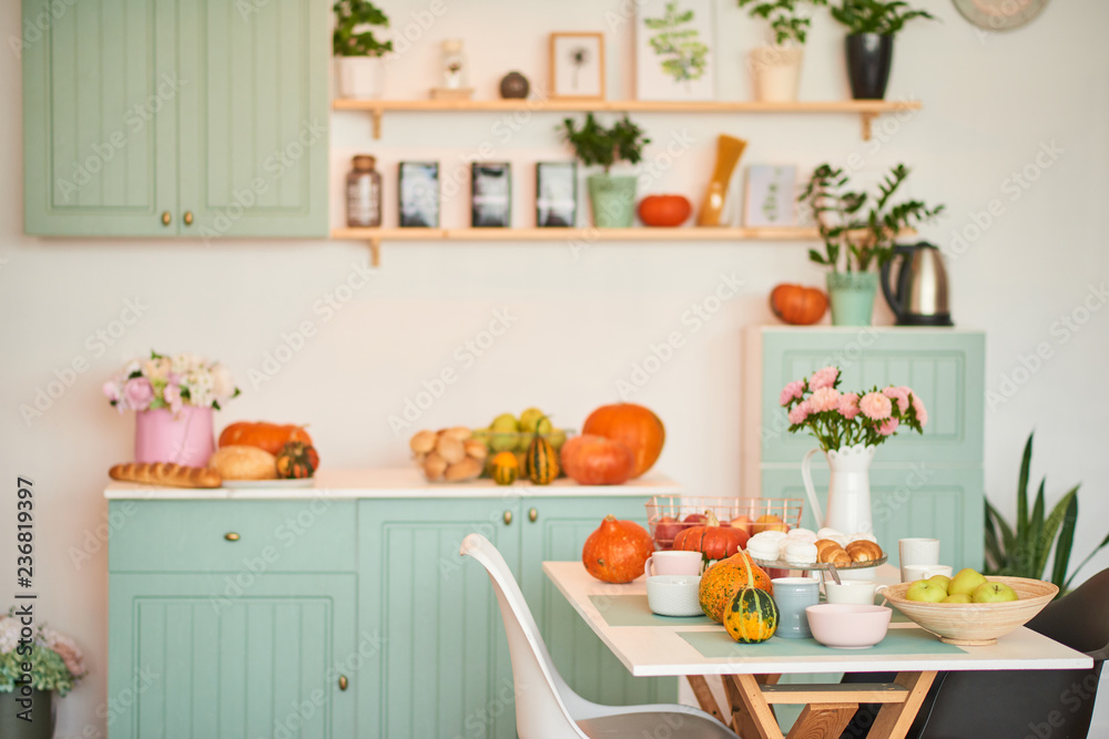 autumn kitchen decoration with pumpkins