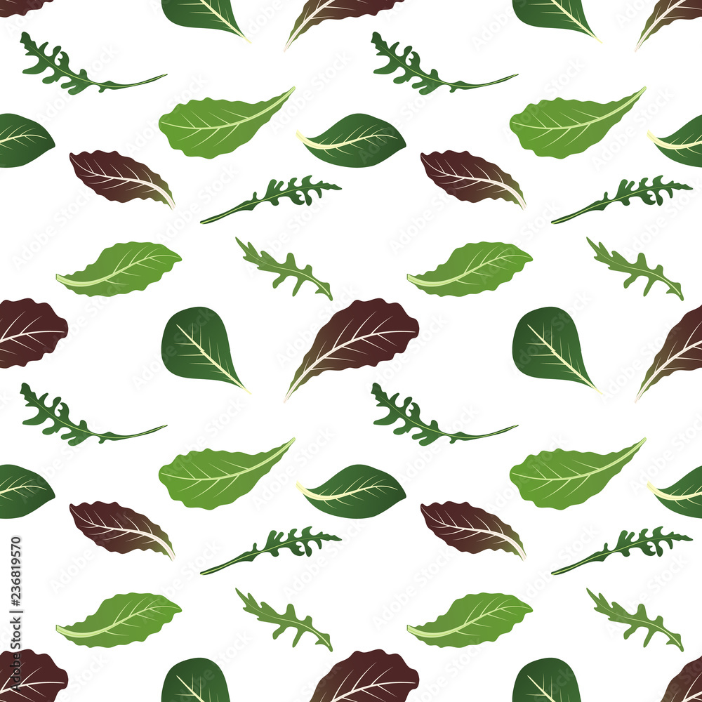 Fototapeta premium Mix of salad leaves. Arugula, spinach, lettuce leaf, watercress and radicchio. Seamless pattern. Vector illustration.