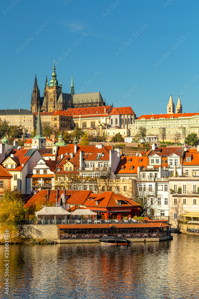 Prague Castle (Prazsky hrad) with Saint Vitus cathedral as seen from the river Vltava in Prague, Czech Republic
