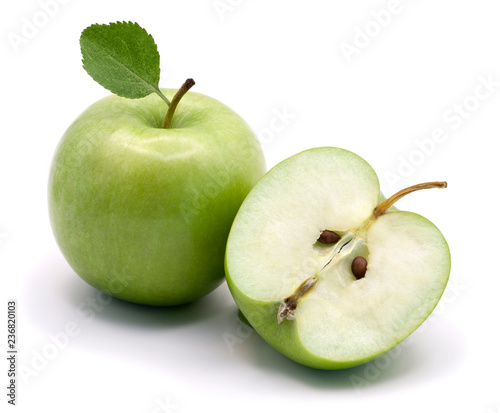 Green apples isolated on white background. Whole and cut in half.