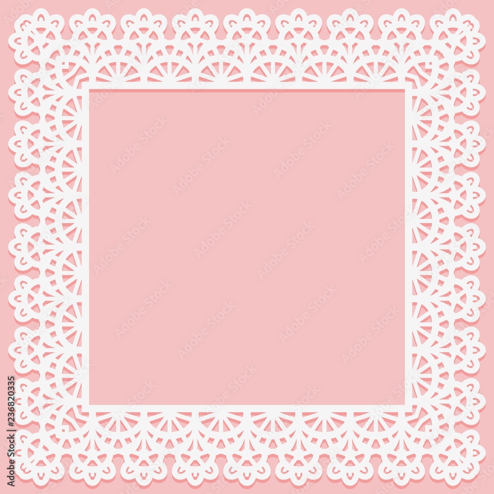 Square frame with lace pattern on edge on pink background. Silhouette is suitable for laser cutting Square frame with lace pattern on edge on pink background. Silhouette is suitable for laser cutting