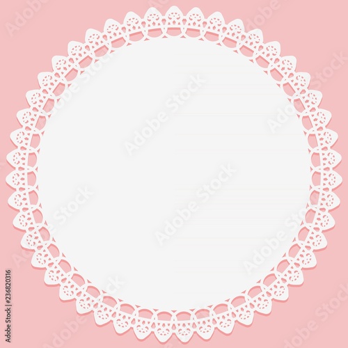 Round white napkin with lace on edge on pink background. Slhouette is suitable for laser cutting
