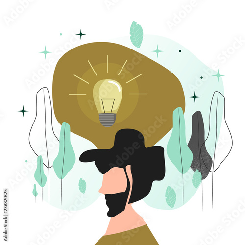 Vector illustration in a flat style. A man with a beard, who had an idea. Big Preview lamp over head.