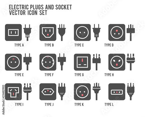 Electric outlet illustration in white background. Different type power socket set, vector isolated icon illustration for different country plugs. Power socket - World standards icons set
