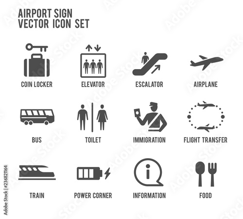 Airport Sign Vector Icon Set. Included the icons as airplane, escalator, flight transfer, food, toilet, train, coin locker, immigration, bus and more.