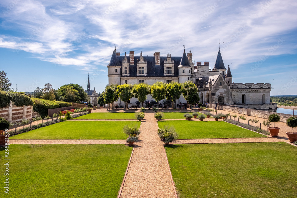 Chateau Amboise with renaissance garden on the foreground. Loire valley, France.