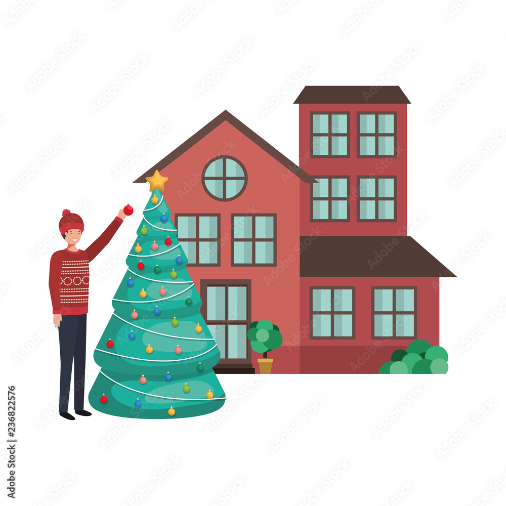 man with christmas tree outside the house man with christmas tree outside the house