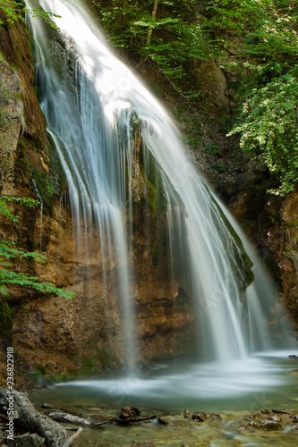 Beautiful waterfall Jur-Jur in the Crimea, spring landscape.