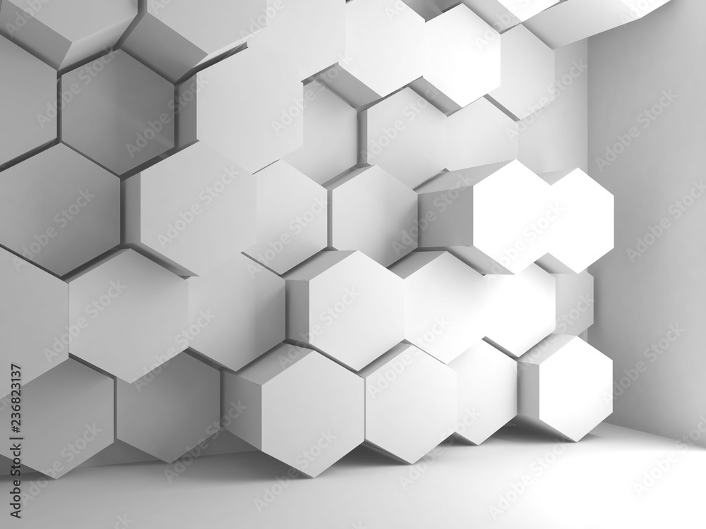 Hexagonal pattern installation on wall, 3 d