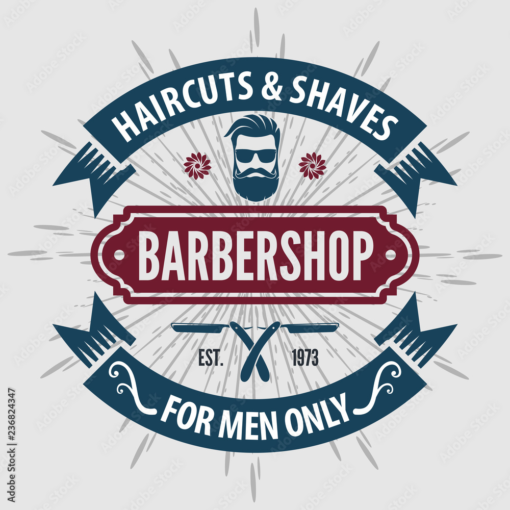Barber shop vintage label, badge, or emblem on gray background. Vector illustration
