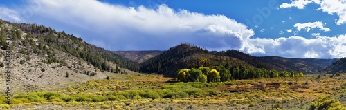 Late Summer early Fall panorama forest views hiking through trees in Indian Canyon, Nine-Mile Canyon Loop between Duchesne and Price on US Highway 191, in the Uinta Basin Range of Utah United States, 