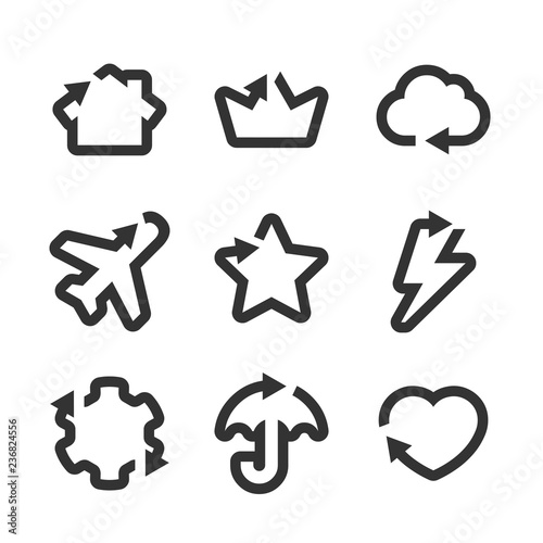 Vector figure arrow set. Basic shape direction cursor arrows with home  crown  cloud  plane  star  lightning  pinion  umbrella and heart moving pointer elements.