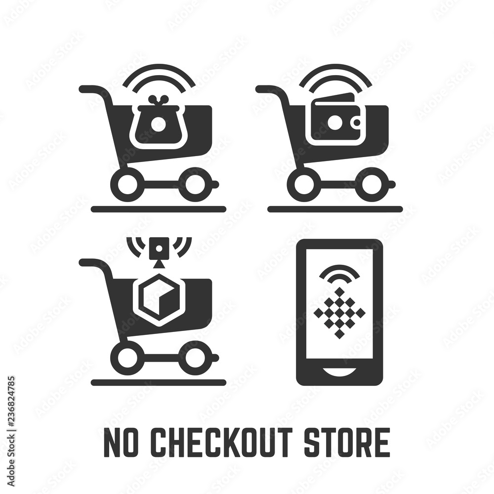 Vector no checkout store or cashier less shop icon with cart, wallet ...