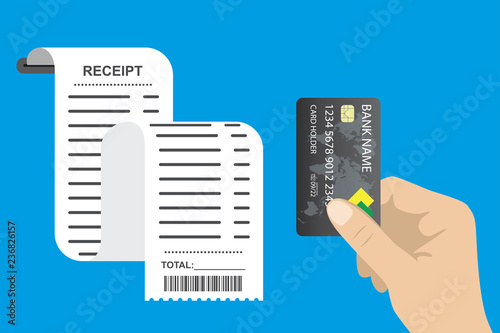 Receipt bill paper invoice and hand with credit card,