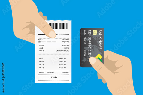 One hand give Receipt bill paper invoice and second hand holding credit card
