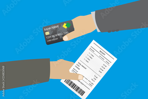 One hand give Receipt bill paper invoice and second hand holding credit card