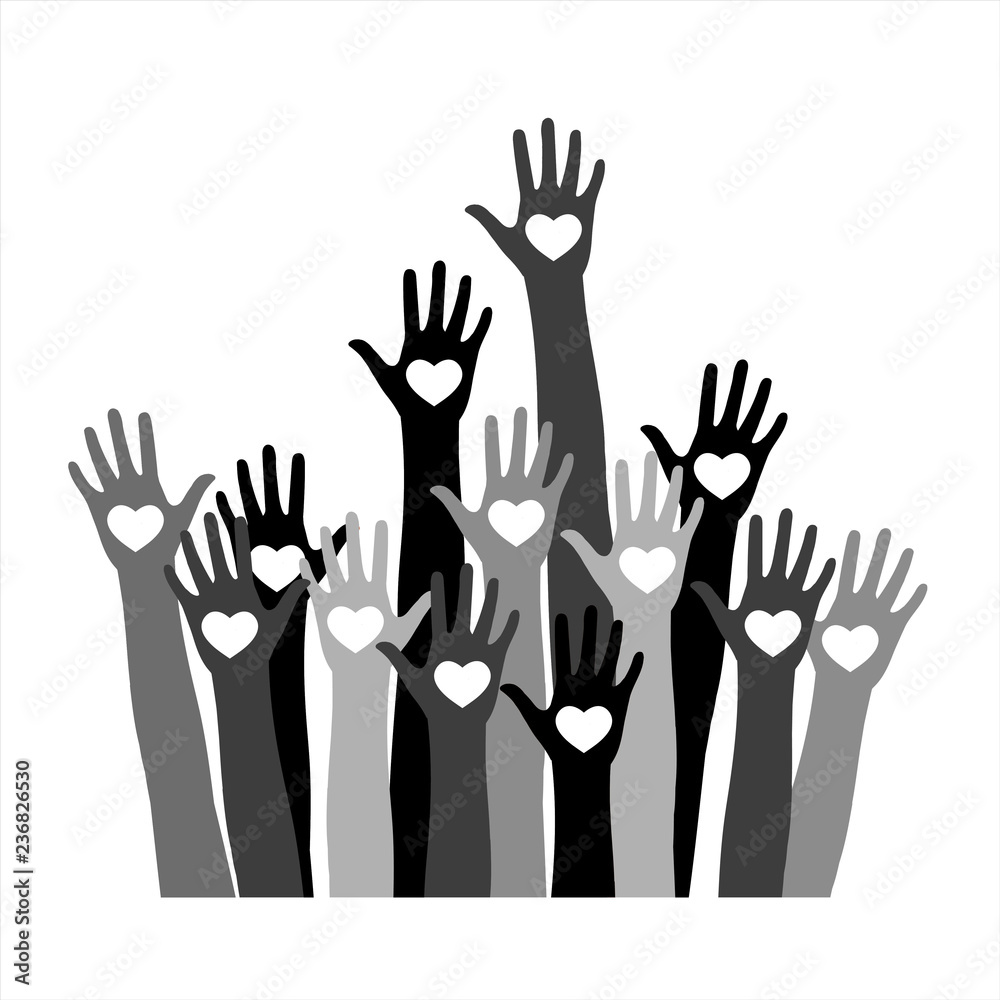 Volunteer concept with hands of different skin tones with heart in palms. Volunteer concept with hands of different skin tones with heart in palms.