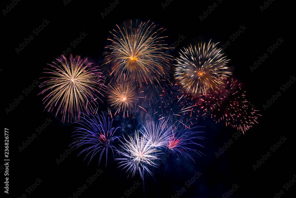 Fireworks  on black background, holiday celebration concept