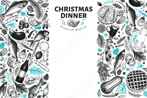 Happy Christmas Dinner design template. Vector hand drawn illustrations. Greeting Christmas card in retro style. Frame with harvest, vegetables, pastry, bakery, seafood, fish