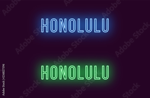Neon name of Honolulu city in Hawaii. Vector text