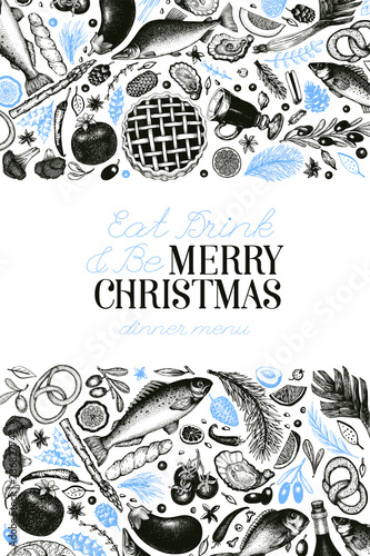 Happy Christmas Dinner design template. Vector hand drawn illustrations. Greeting Christmas card in retro style. Frame with harvest, vegetables, pastry, bakery, seafood, fish
