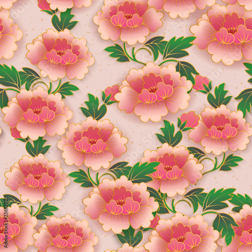 Chinese elegant botanic garden pink red peony flower seamless pattern background