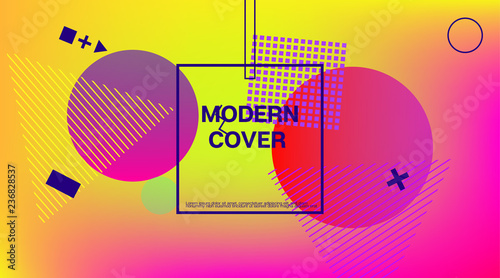 Memphis Minimal Cover Horizontal Vector Template. Neon Gradient Overlay, Small Space Particles Background. Geometric Memphis Design Elements, Horizontal Music Poster. Vintage Elemets Business Design.