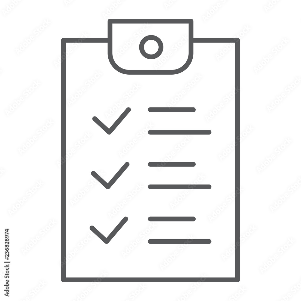 Checklist thin line icon, document and form, report sign, vector graphics, a linear pattern on a white background. Checklist thin line icon, document and form, report sign, vector graphics, a linear pattern on a white background.