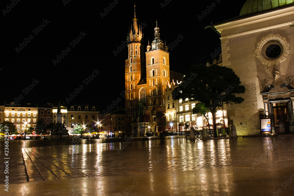 Cathedral in the center of Krakow, Poland at night