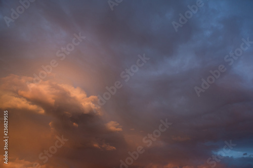 Dramatic dark cloudy stormy sky in the evening after sunset