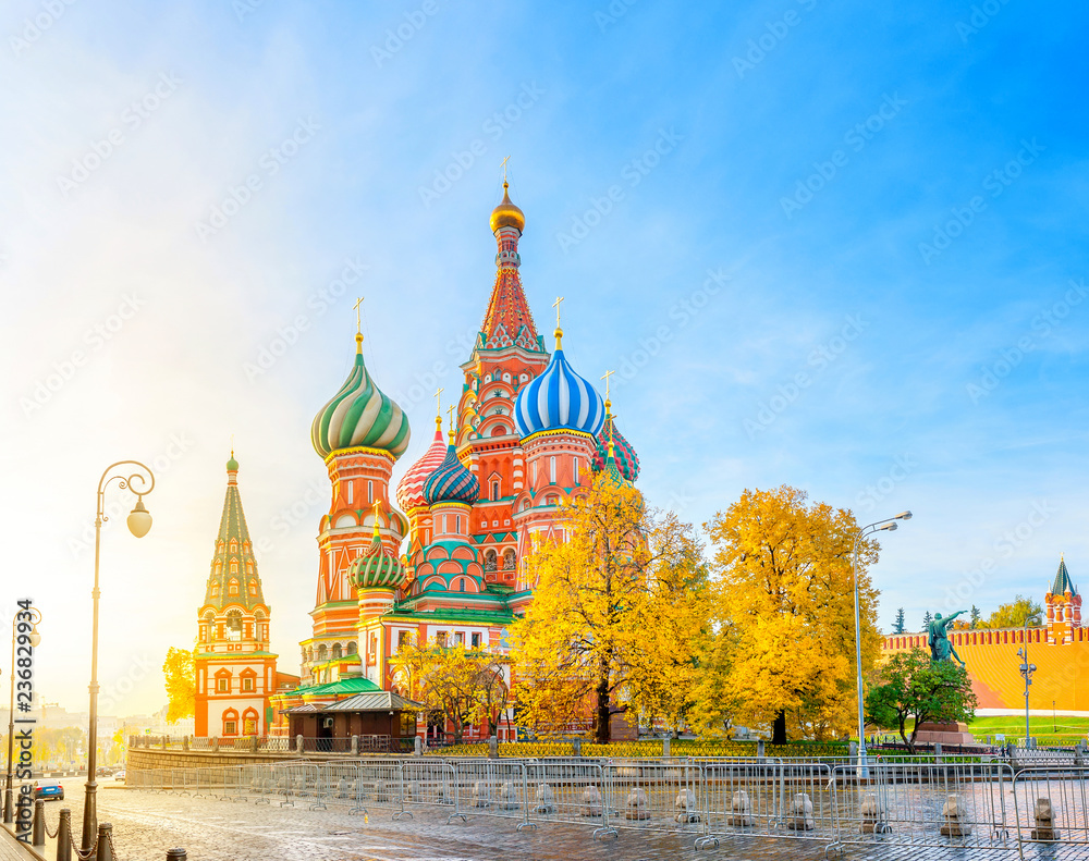 Moscow, panorama of St. Basil's Cathedral at bright sunset, tourist attractions of Russia