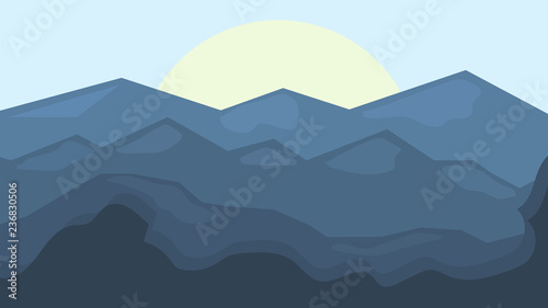 Landscape with mountains and sun. Vector illustration.