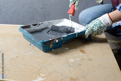 female painting a wall with roller