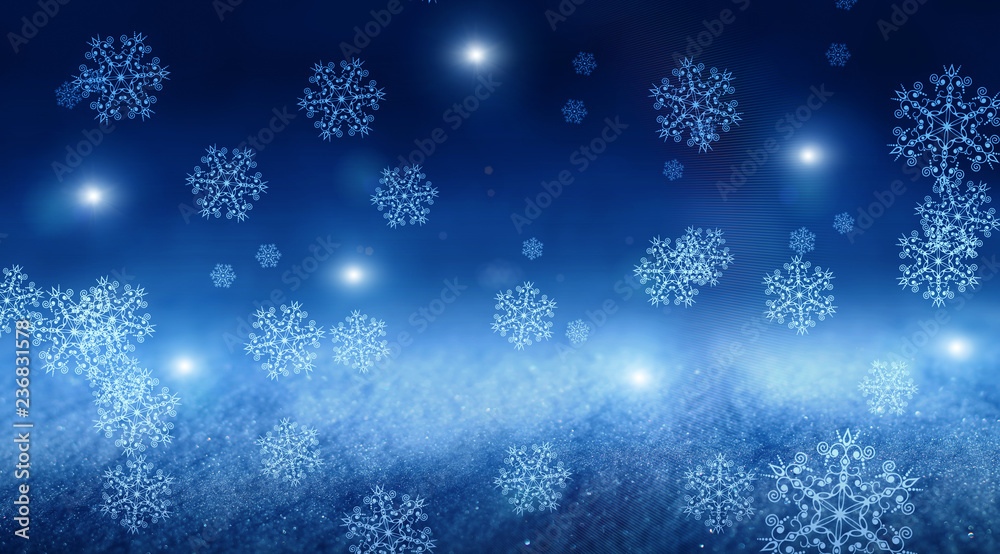 Blue abstract snow background, bokeh, smoke, glow, snowflakes, stars