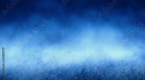 Blue abstract snow background, bokeh, smoke, glow