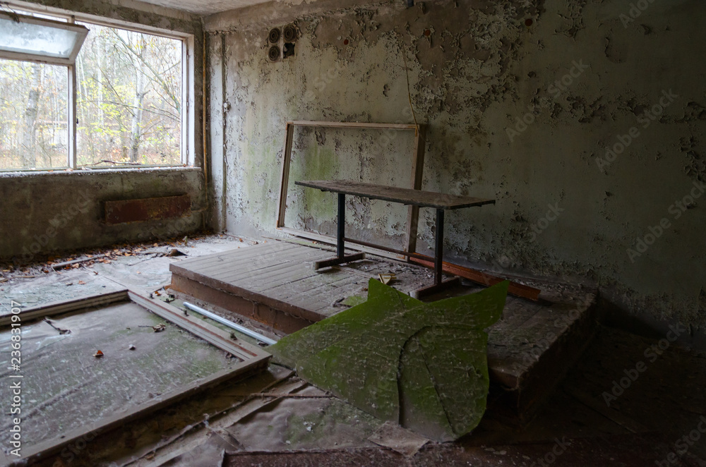 School in dead abandoned ghost town Pripyat in Chernobyl nuclear power plant alienation zone, Ukraine School in dead abandoned ghost town Pripyat in Chernobyl nuclear power plant alienation zone, Ukraine