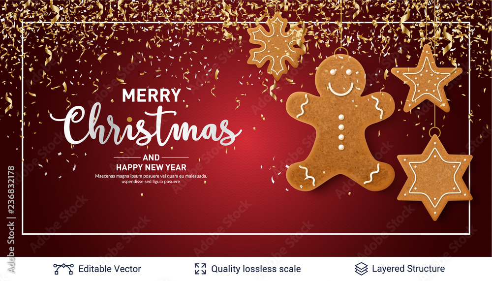 Gingerbread cookies and text on red banner. Gingerbread cookies and text on red banner.