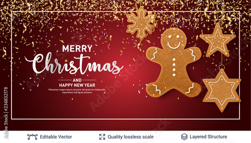 Gingerbread cookies and text on red banner.
