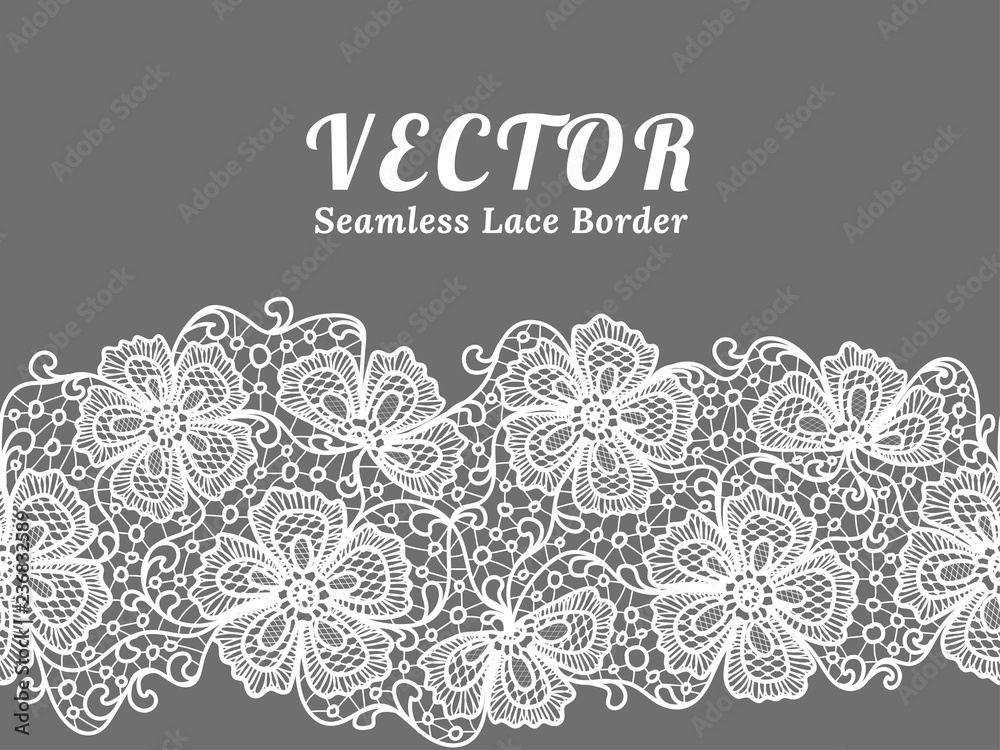 White seamless lace border with flowers on white background