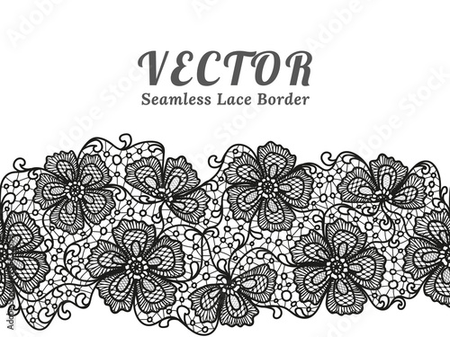 Black seamless lace border with flowers on white background