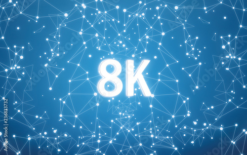 8K on digital interface and blue network background
