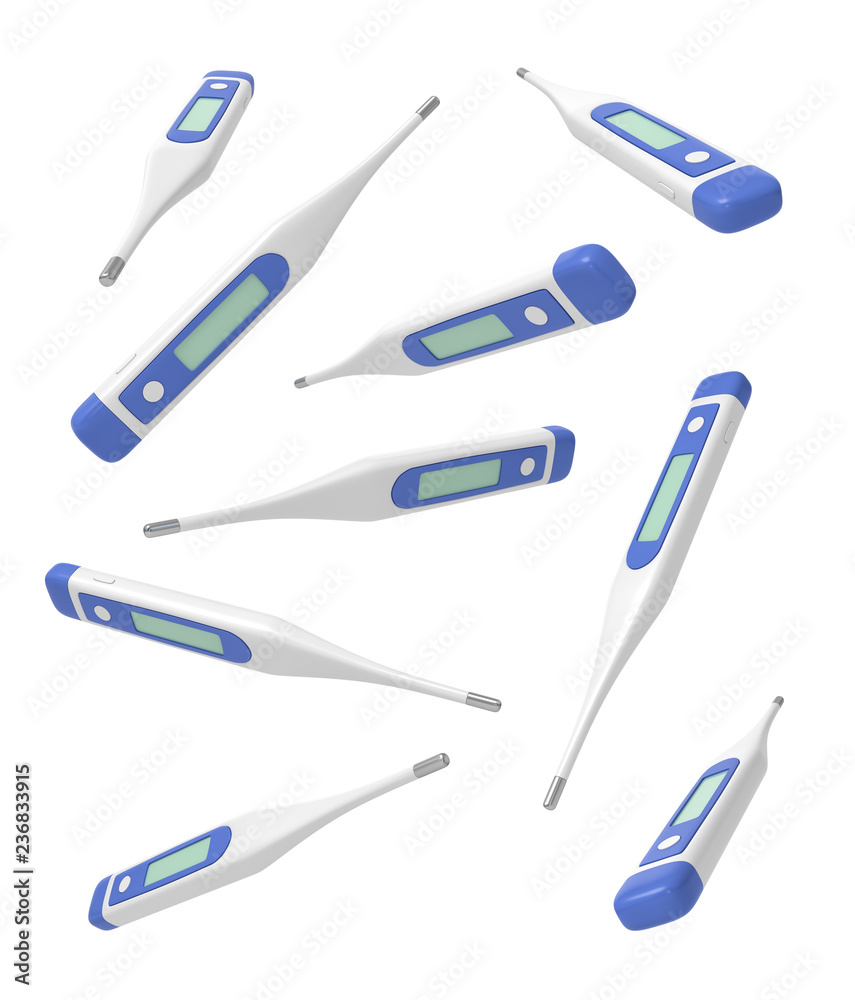 3d rendering set of medical digital thermometers isolated on white background