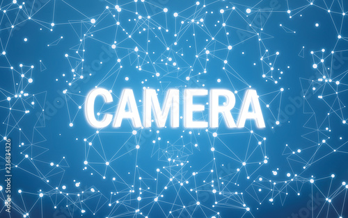 Camera on digital interface and blue network background