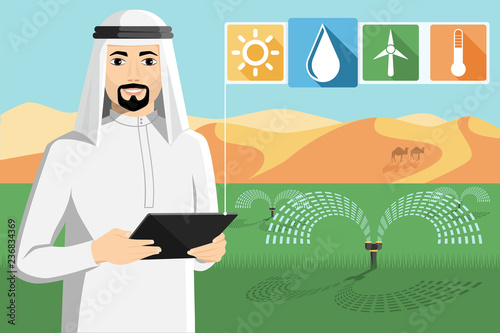 Arab farmer with a tablet computer controls irrigation system.  Smart agriculture in desert. Vector illustration EPS 10