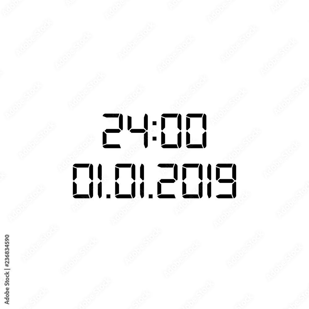 Exact time and new year date. Digital screen with numbers. Electronic scoreboard. Stylish concept for decorating the new year celebration. Vector illustration. Exact time and new year date. Digital screen with numbers. Electronic scoreboard. Stylish concept for decorating the new year celebration. Vector illustration.